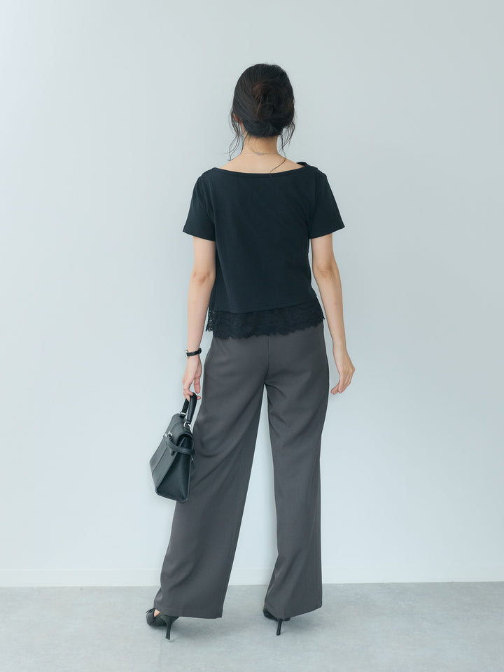 【SET】裾レースデザインドレープカットソー+センタープレスベーシックストレートパンツ(2set)