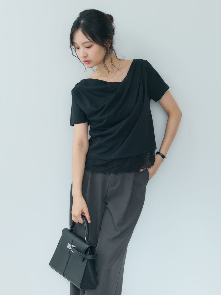 【SET】裾レースデザインドレープカットソー+センタープレスベーシックストレートパンツ(2set)