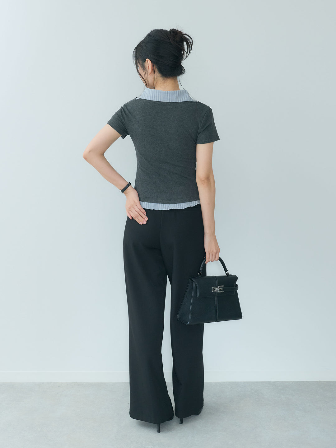 【SET】シャツレイヤードデザインドレープトップス+センタープレスベーシックストレートパンツ(2set)