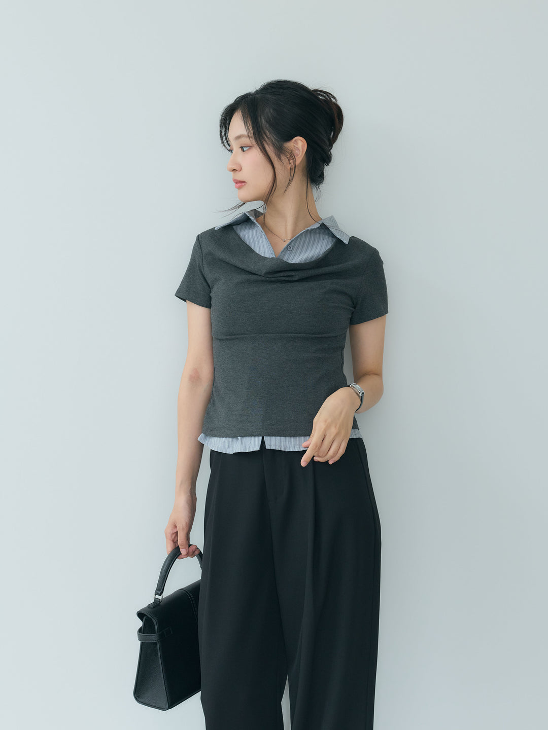 【SET】シャツレイヤードデザインドレープトップス+センタープレスベーシックストレートパンツ(2set)