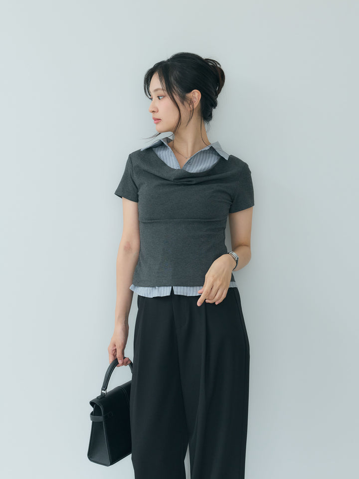 【SET】シャツレイヤードデザインドレープトップス+センタープレスベーシックストレートパンツ(2set)