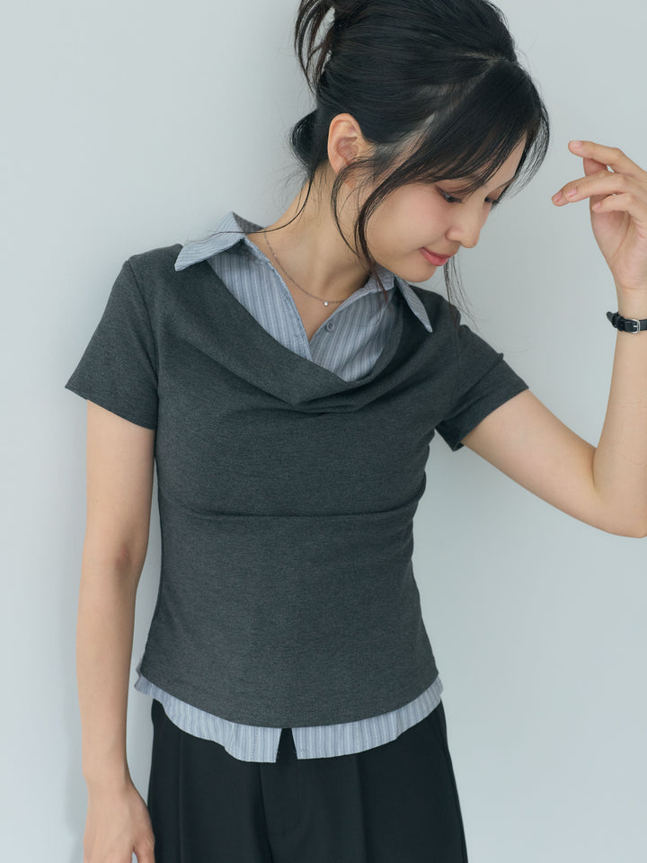【SET】シャツレイヤードデザインドレープトップス+センタープレスベーシックストレートパンツ(2set)