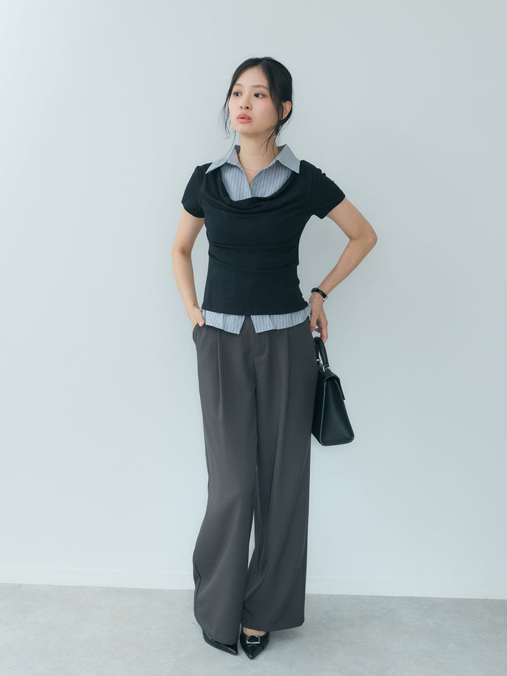 シャツレイヤードデザインドレープトップス