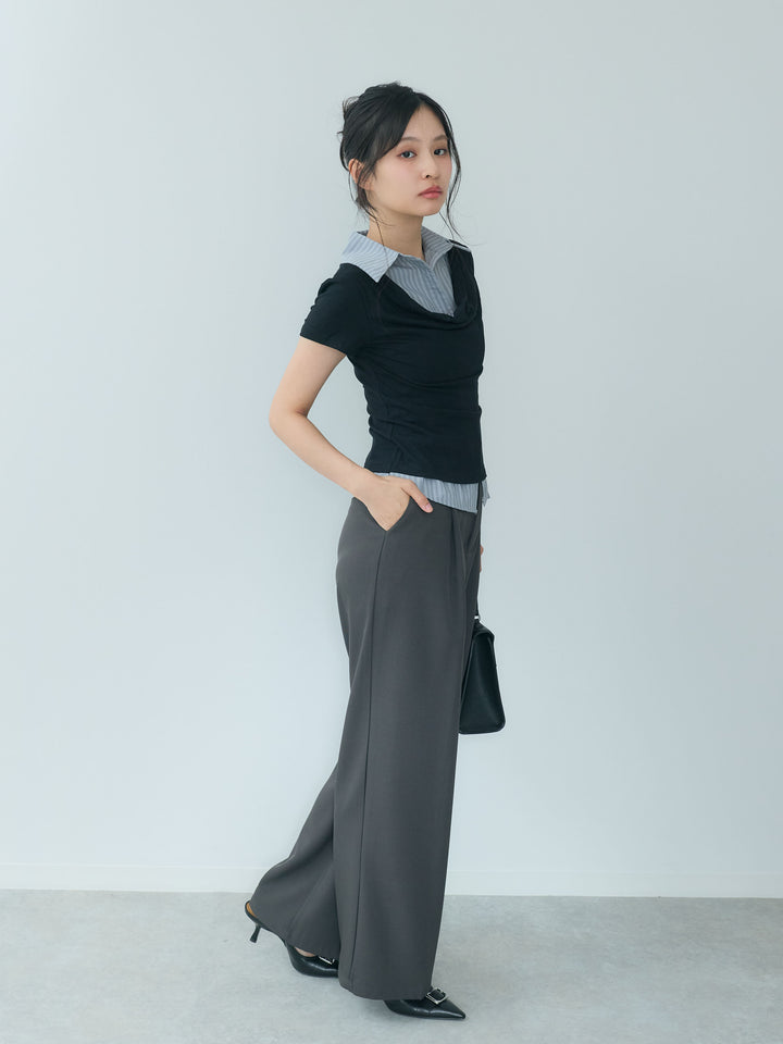 【SET】シャツレイヤードデザインドレープトップス+センタープレスベーシックストレートパンツ(2set)