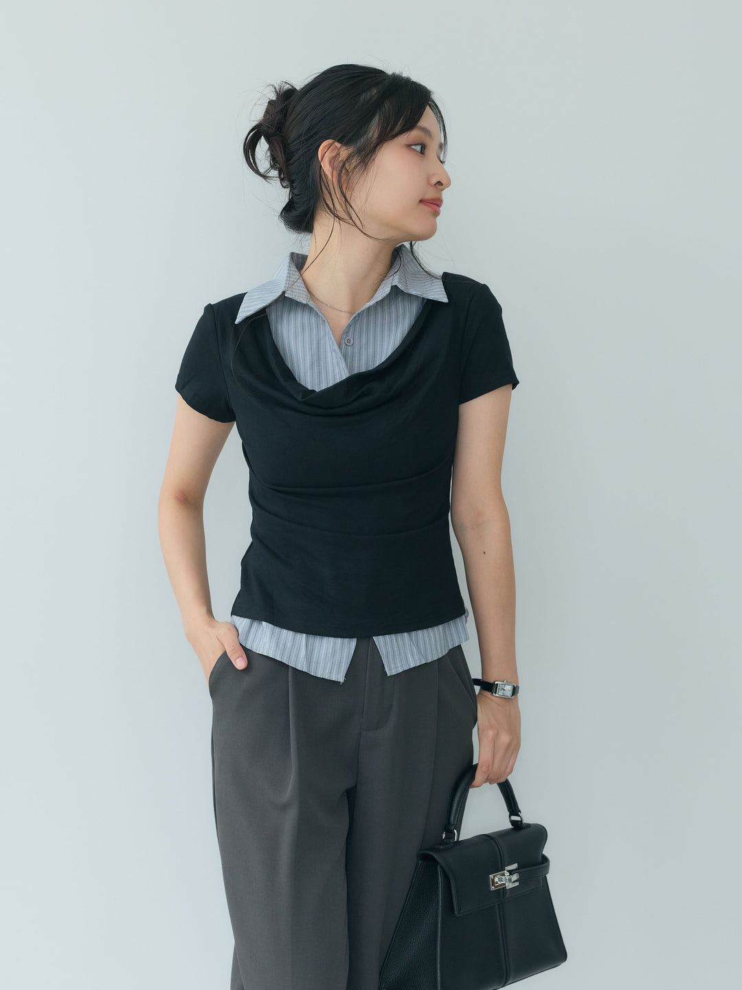 【SET】シャツレイヤードデザインドレープトップス+センタープレスベーシックストレートパンツ(2set)