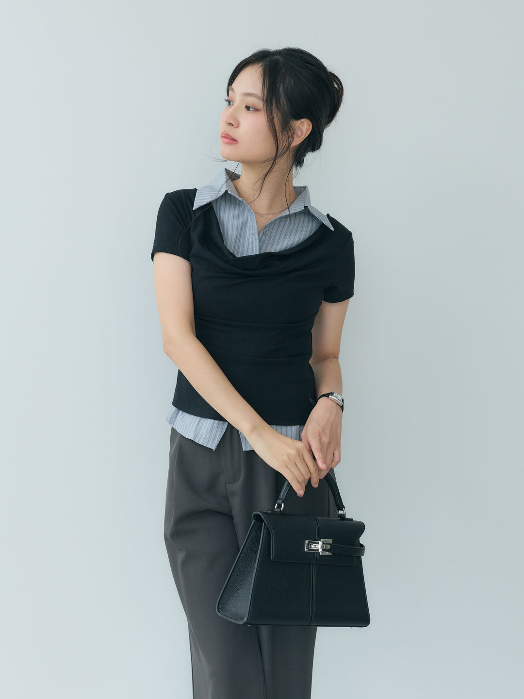 【SET】シャツレイヤードデザインドレープトップス+センタープレスベーシックストレートパンツ(2set)