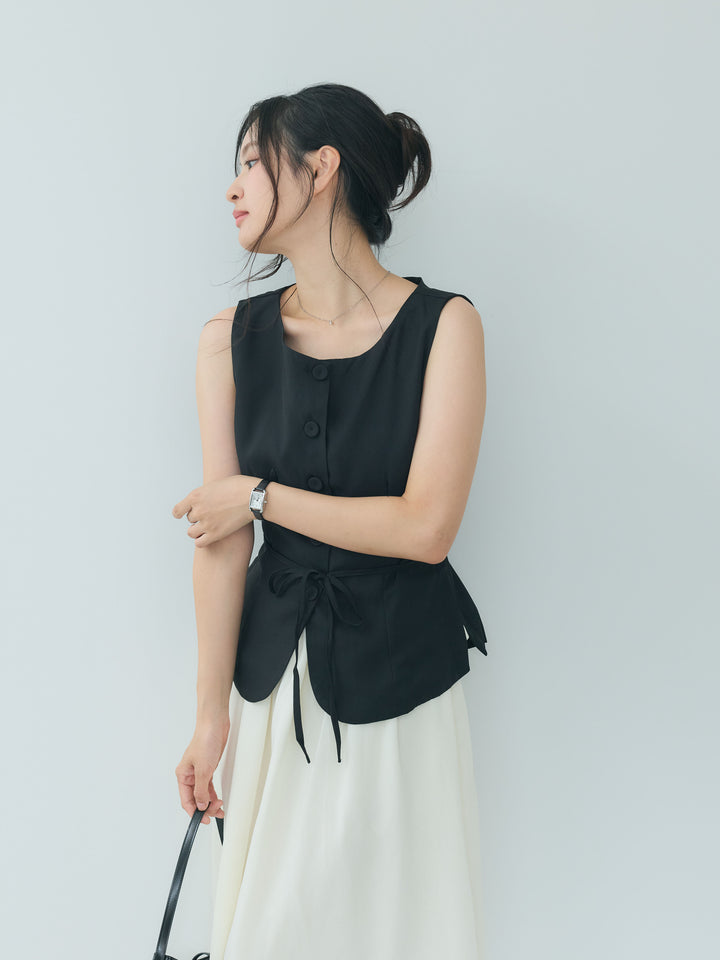 リボン付きレイヤードデザインベスト&シフォンスカートSET UP