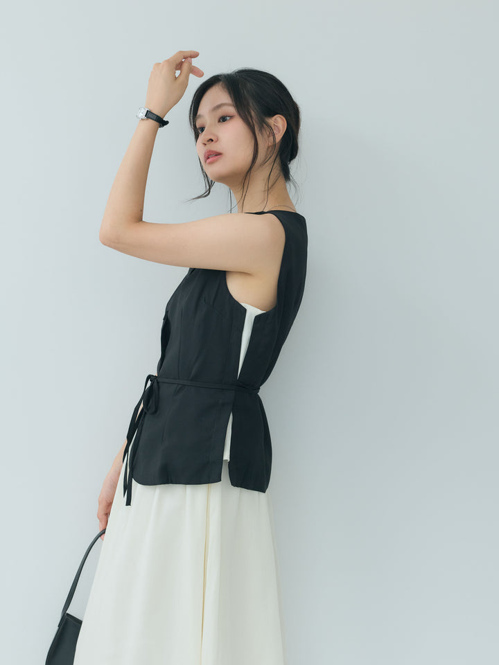 リボン付きレイヤードデザインベスト&シフォンスカートSET UP
