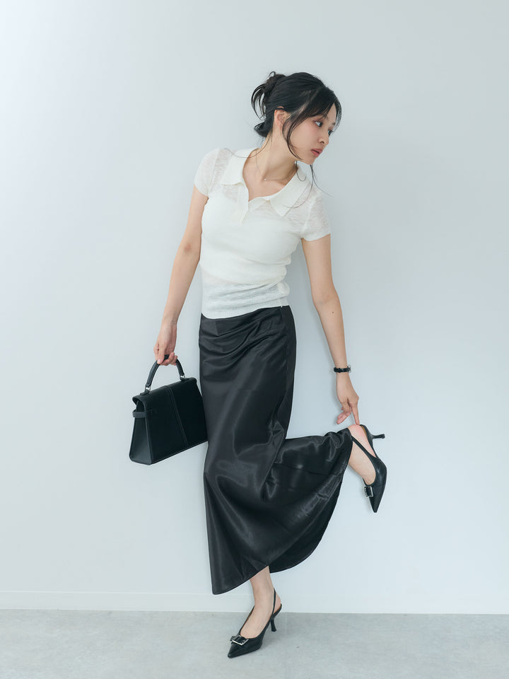 【SET】シアースキッパーニットトップス+サイドタックデザインヘビーサテンスカート(2set)