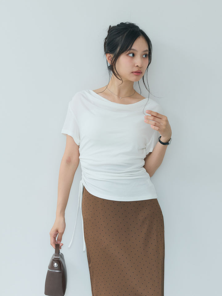 【SET】サイドギャザーリボンドレープカットソー+裾レースドットサテンナロースカート(2set)