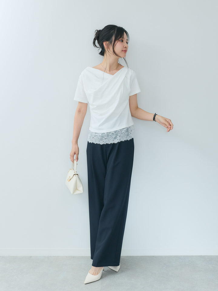 裾レースデザインドレープカットソー