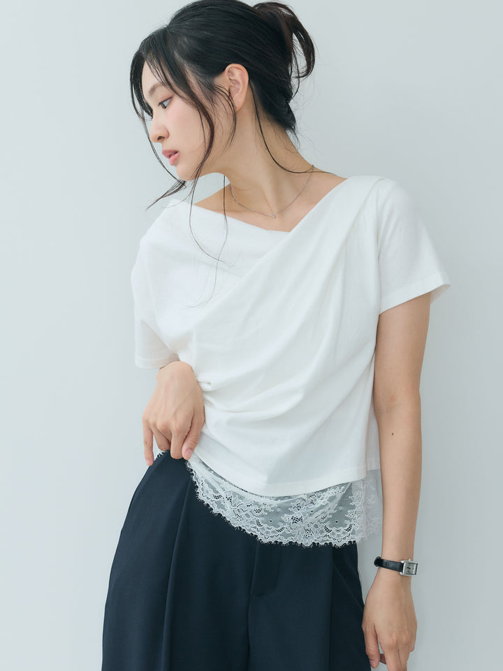 裾レースデザインドレープカットソー