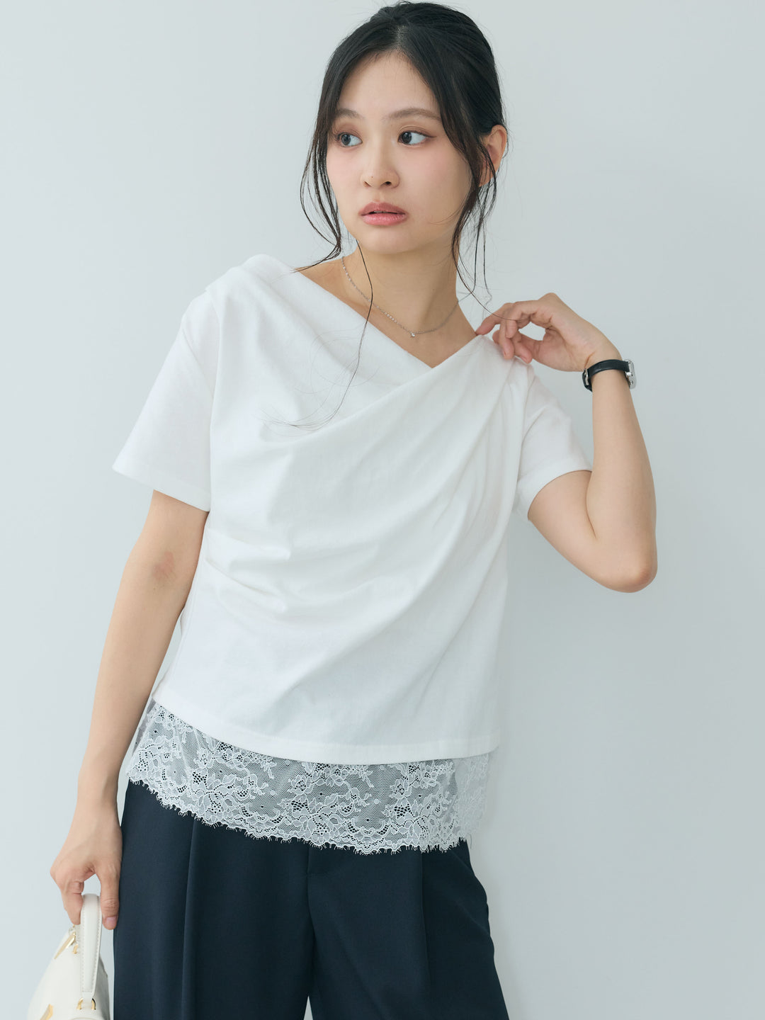 【SET】裾レースデザインドレープカットソー+センタープレスベーシックストレートパンツ(2set)
