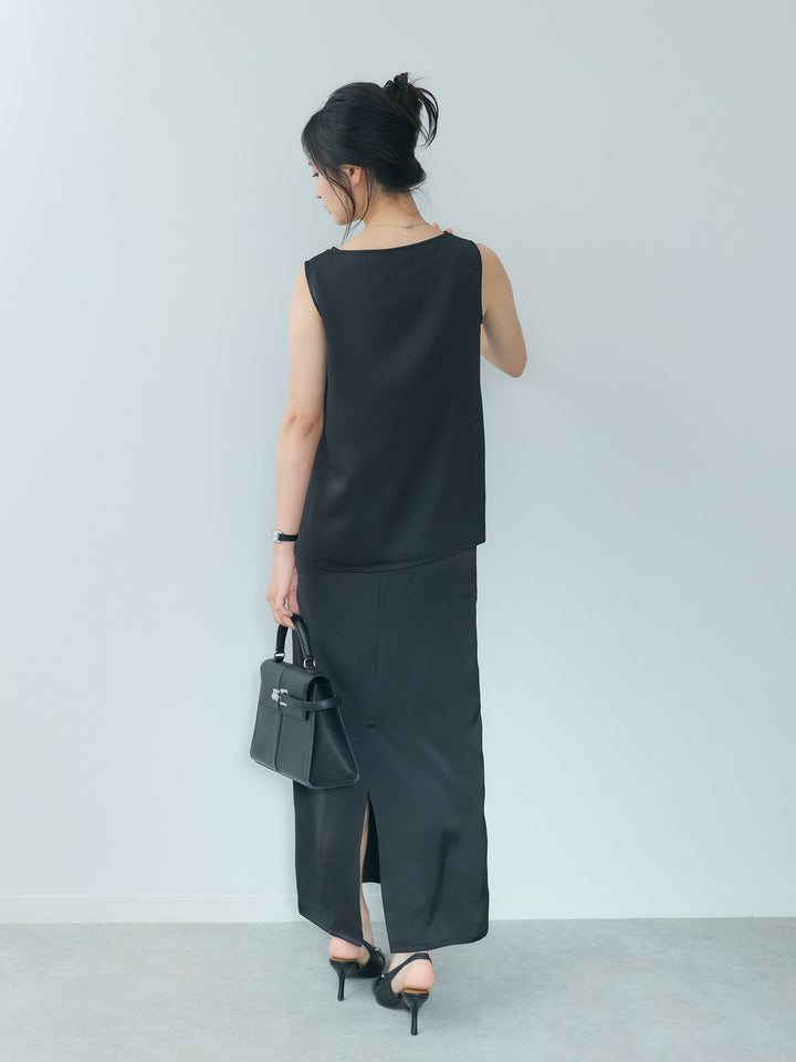 【SET】【Essential】Satin side slit sleeveless tops+【Essential】Satin I line back slit skirt(2set)