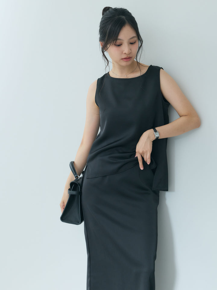 【SET】【Essential】Satin side slit sleeveless tops+【Essential】Satin I line back slit skirt(2set)