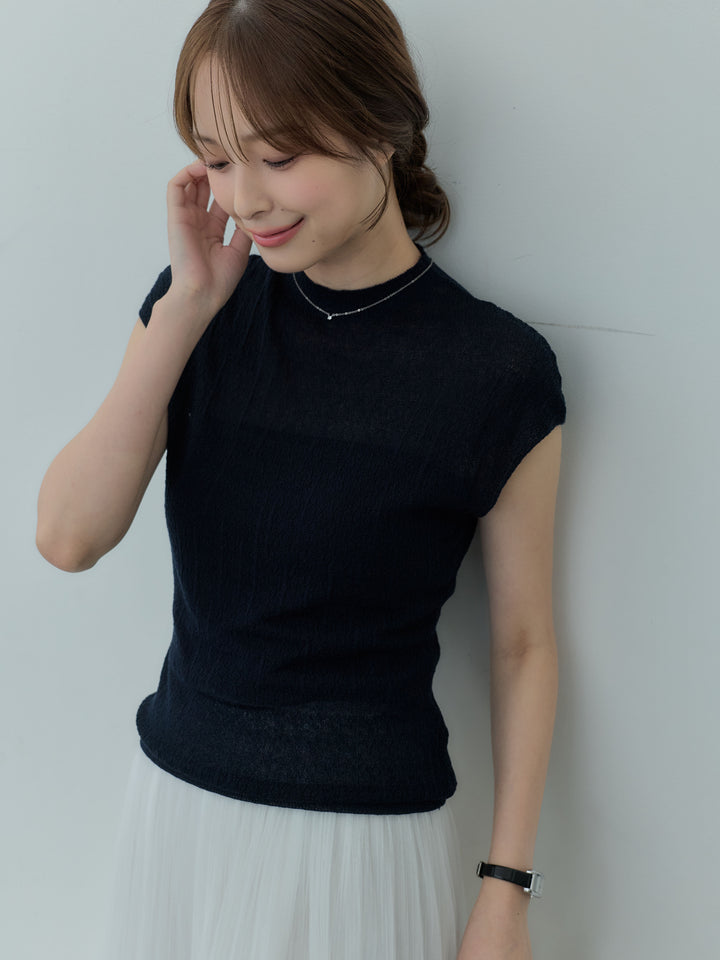 【SET】プチハイネックフレンチスリーブソフトニットトップス+裾レースデザインチュールスカート(2set)