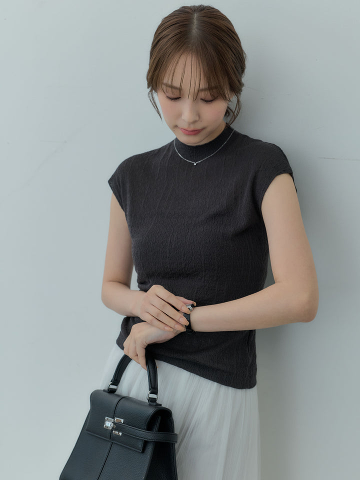 【SET】プチハイネックフレンチスリーブソフトニットトップス+裾レースデザインチュールスカート(2set)