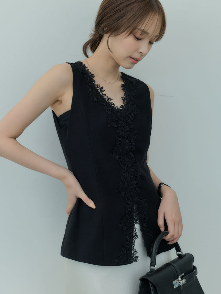 【SET】【Luxe series】フロントフラワーレースデザインノースリベスト+リュクスAラインサテンスカート(2set)