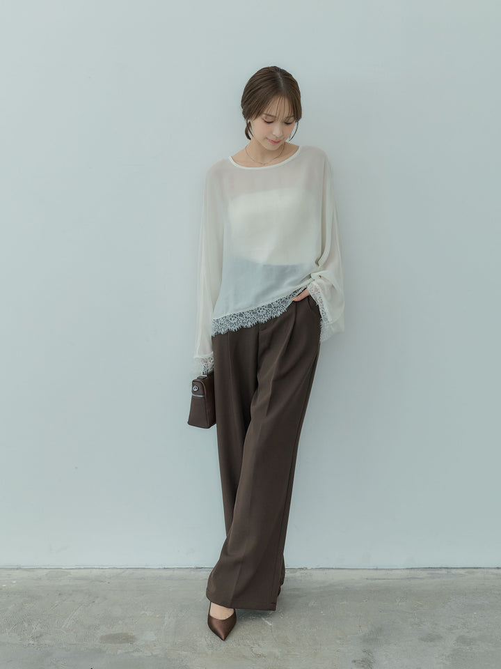 【SET】裾レースシアードルマンブラウス+センタープレスベーシックストレートパンツ(2set)