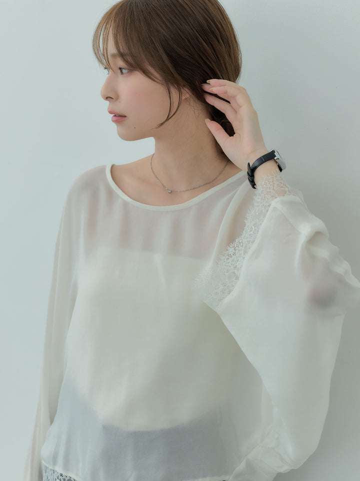 【SET】裾レースシアードルマンブラウス+センタープレスベーシックストレートパンツ(2set)