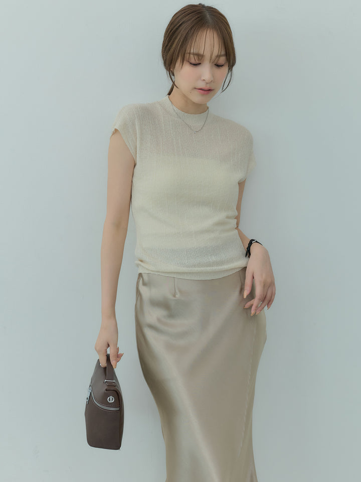 【SET】プチハイネックフレンチスリーブソフトニットトップス+【Essential】Wrap design satin mermaid skirt(2set)