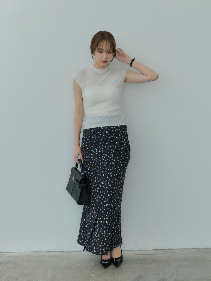 【SET】プチハイネックフレンチスリーブソフトニットトップス+【Essential】Wrap design satin mermaid skirt(2set)