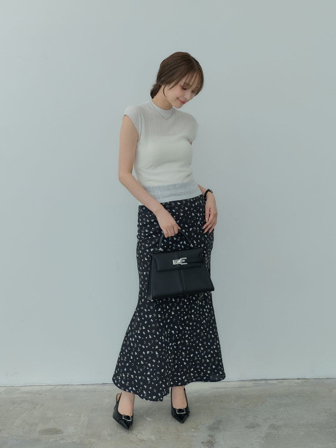 【SET】プチハイネックフレンチスリーブソフトニットトップス+【Essential】Wrap design satin mermaid skirt(2set)