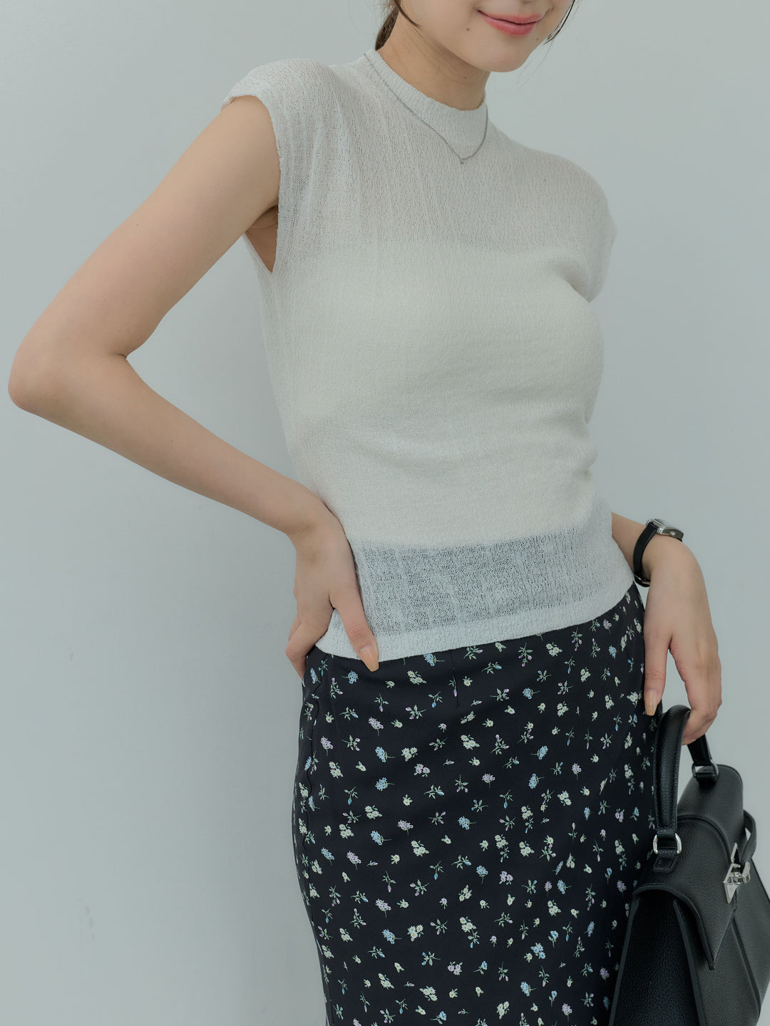 【SET】プチハイネックフレンチスリーブソフトニットトップス+【Essential】Wrap design satin mermaid skirt(2set)