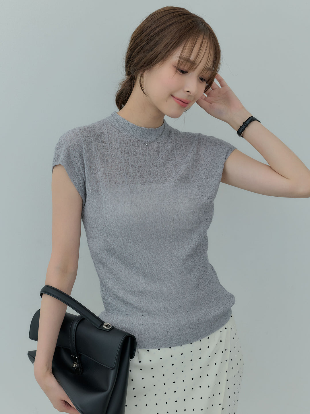 【SET】プチハイネックフレンチスリーブソフトニットトップス+プチハイネックフレンチスリーブソフトニットトップス(2set)