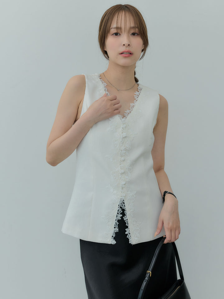 【SET】【Luxe series】フロントフラワーレースデザインノースリベスト+リュクスAラインサテンスカート(2set)
