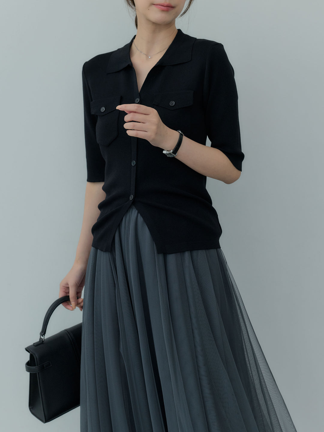 【SET】フロントポケットハーフスリーブニットトップス+ボリュームチュールスカート(2set)