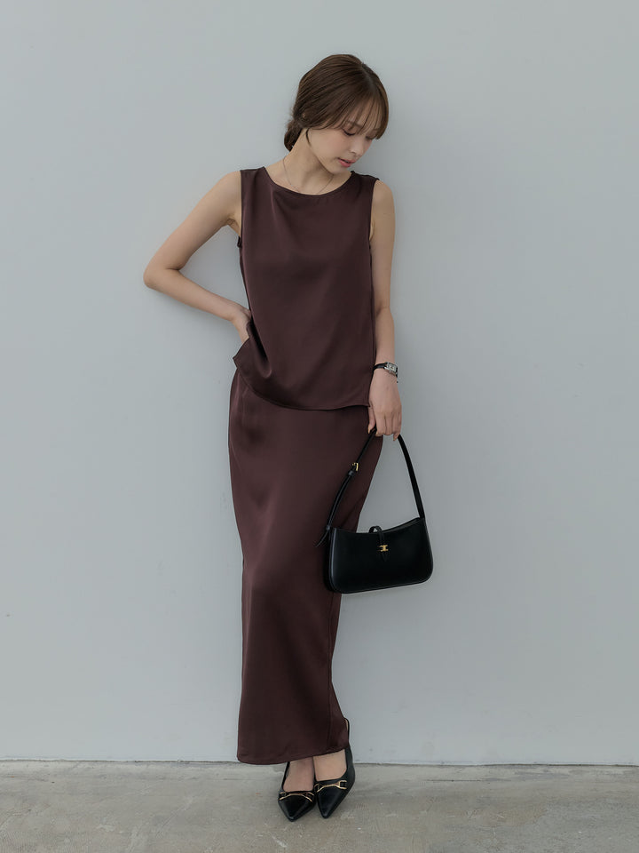 【SET】【Essential】Satin side slit sleeveless tops+【Essential】Satin I line back slit skirt(2set)