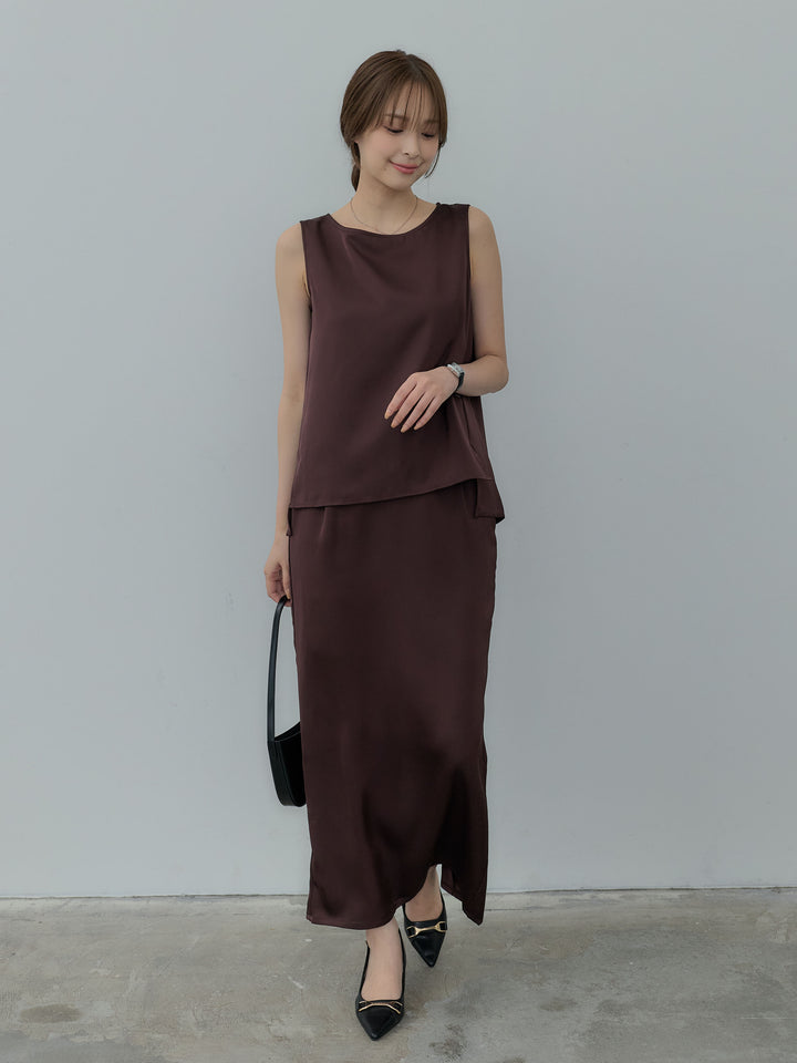 【SET】【Essential】Satin side slit sleeveless tops+【Essential】Satin I line back slit skirt(2set)