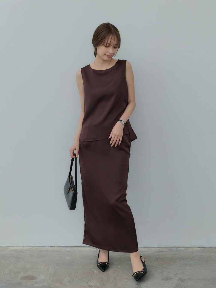 【SET】【Essential】Satin side slit sleeveless tops+【Essential】Satin I line back slit skirt(2set)