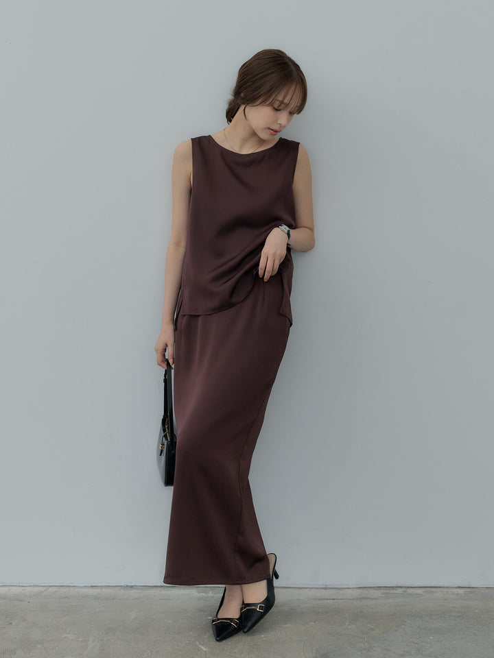 【SET】【Essential】Satin side slit sleeveless tops+【Essential】Satin I line back slit skirt(2set)