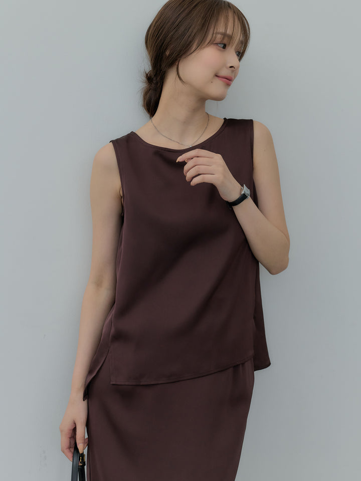 【SET】【Essential】Satin side slit sleeveless tops+【Essential】Satin I line back slit skirt(2set)