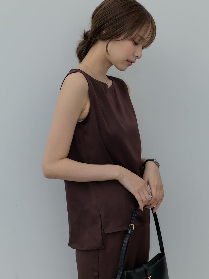 【SET】【Essential】Satin side slit sleeveless tops+【Essential】Satin I line back slit skirt(2set)