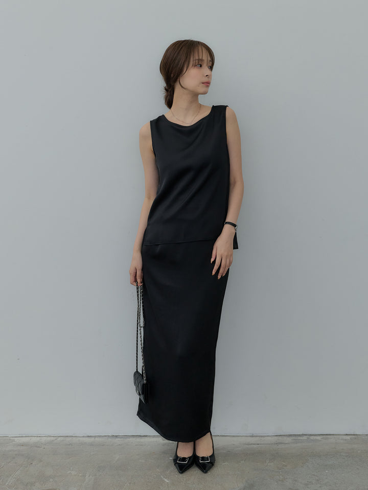 【SET】【Essential】Satin side slit sleeveless tops+【Essential】Satin I line back slit skirt(2set)