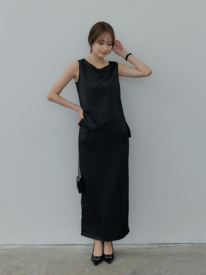 【SET】【Essential】Satin side slit sleeveless tops+【Essential】Satin I line back slit skirt(2set)