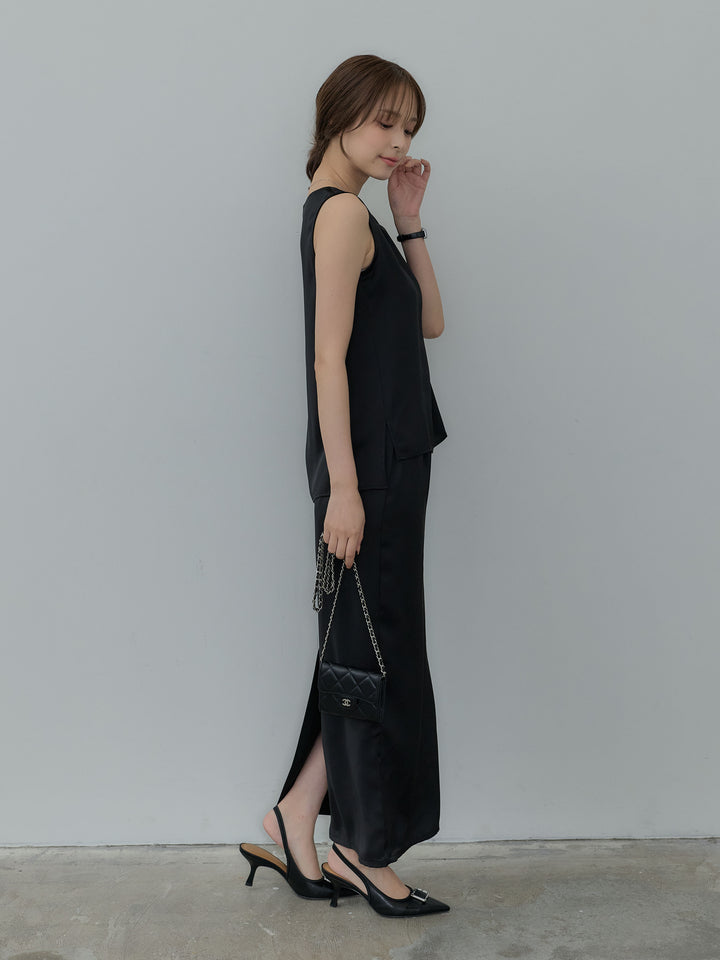 【SET】【Essential】Satin side slit sleeveless tops+【Essential】Satin I line back slit skirt(2set)