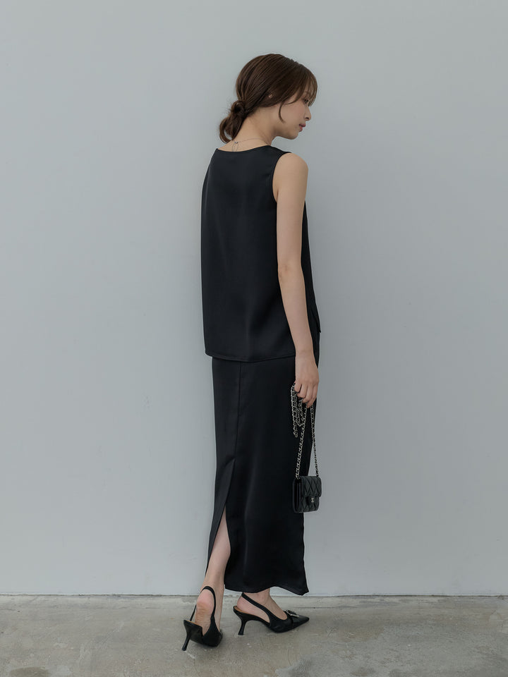 【SET】【Essential】Satin side slit sleeveless tops+【Essential】Satin I line back slit skirt(2set)