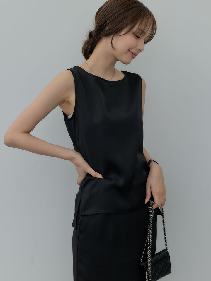 【SET】【Essential】Satin side slit sleeveless tops+【Essential】Satin I line back slit skirt(2set)