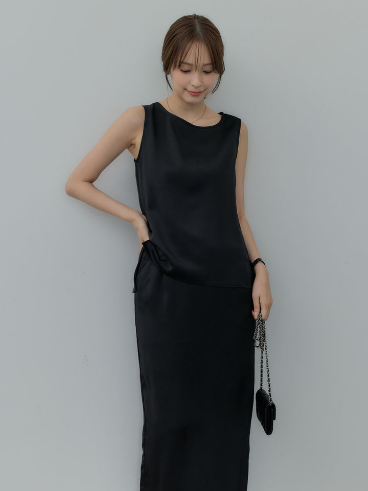 【SET】【Essential】Satin side slit sleeveless tops+【Essential】Satin I line back slit skirt(2set)