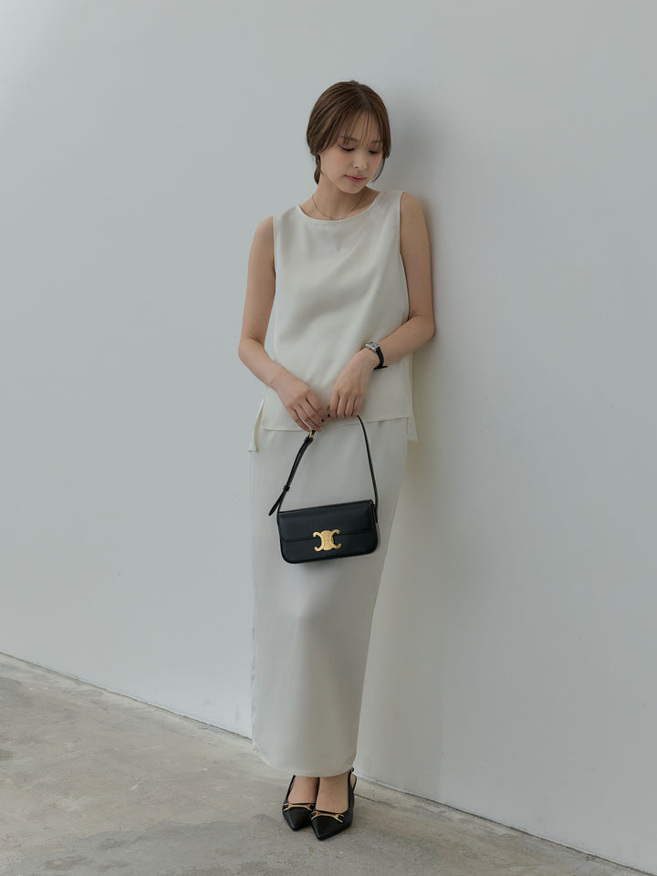【SET】【Essential】Satin side slit sleeveless tops+【Essential】Satin I line back slit skirt(2set)