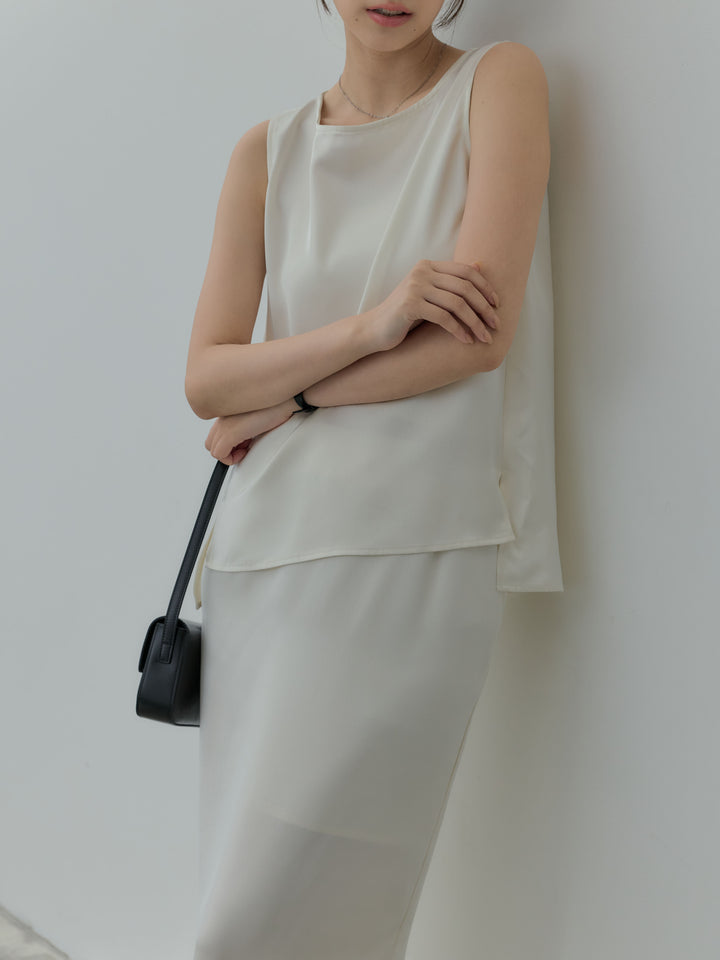 【SET】【Essential】Satin side slit sleeveless tops+【Essential】Satin I line back slit skirt(2set)
