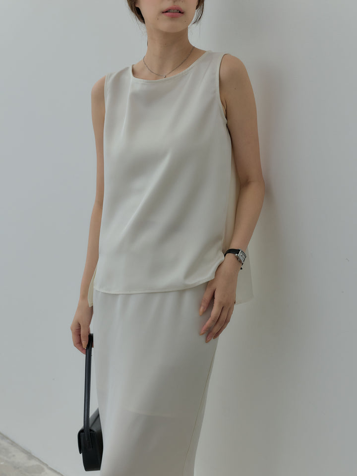 【SET】【Essential】Satin side slit sleeveless tops+【Essential】Satin I line back slit skirt(2set)