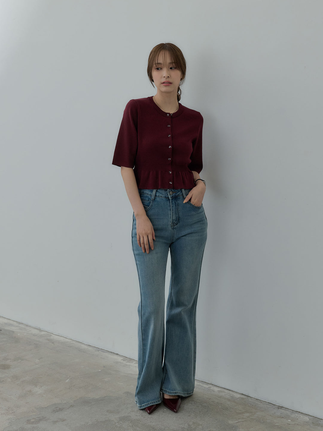 クリアボタンペプラム半袖カーディガン