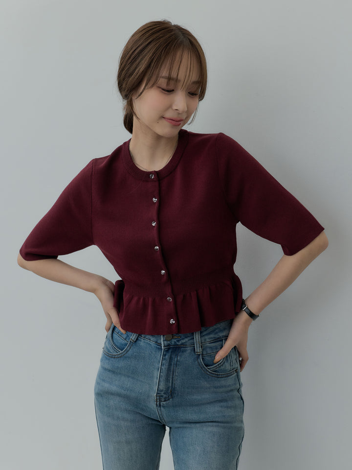 クリアボタンペプラム半袖カーディガン