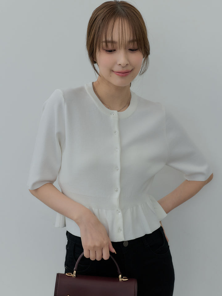 クリアボタンペプラム半袖カーディガン