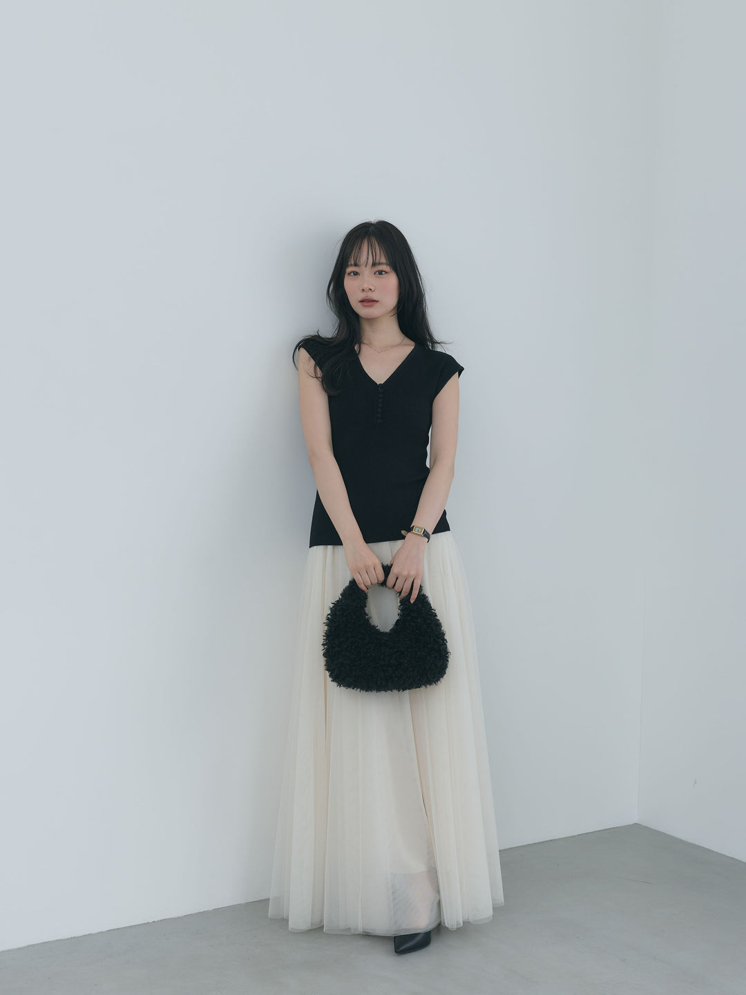 【SET】ウールタッチボタンデザインフレンチスリーブニットトップス+ボリュームチュールスカート(2set)